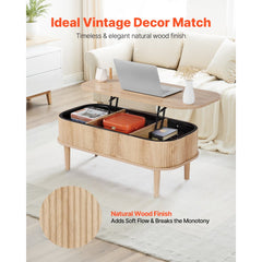 VEVOR 39.4 in Lift Top Coffee Table, Fluted Oval Coffee Table with 3 Hidden Compartment, Mid Century Wooden Oval Center
