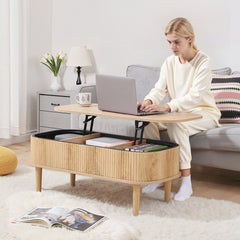 VEVOR 39.4 in Lift Top Coffee Table, Fluted Oval Coffee Table with 3 Hidden Compartment, Mid Century Wooden Oval Center