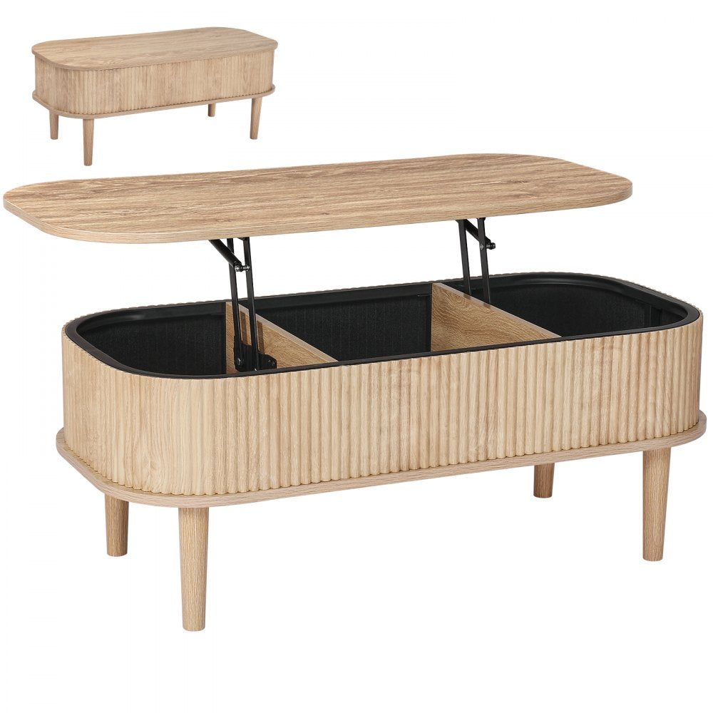 VEVOR 39.4 in Lift Top Coffee Table, Fluted Oval Coffee Table with 3 Hidden Compartment, Mid Century Wooden Oval Center