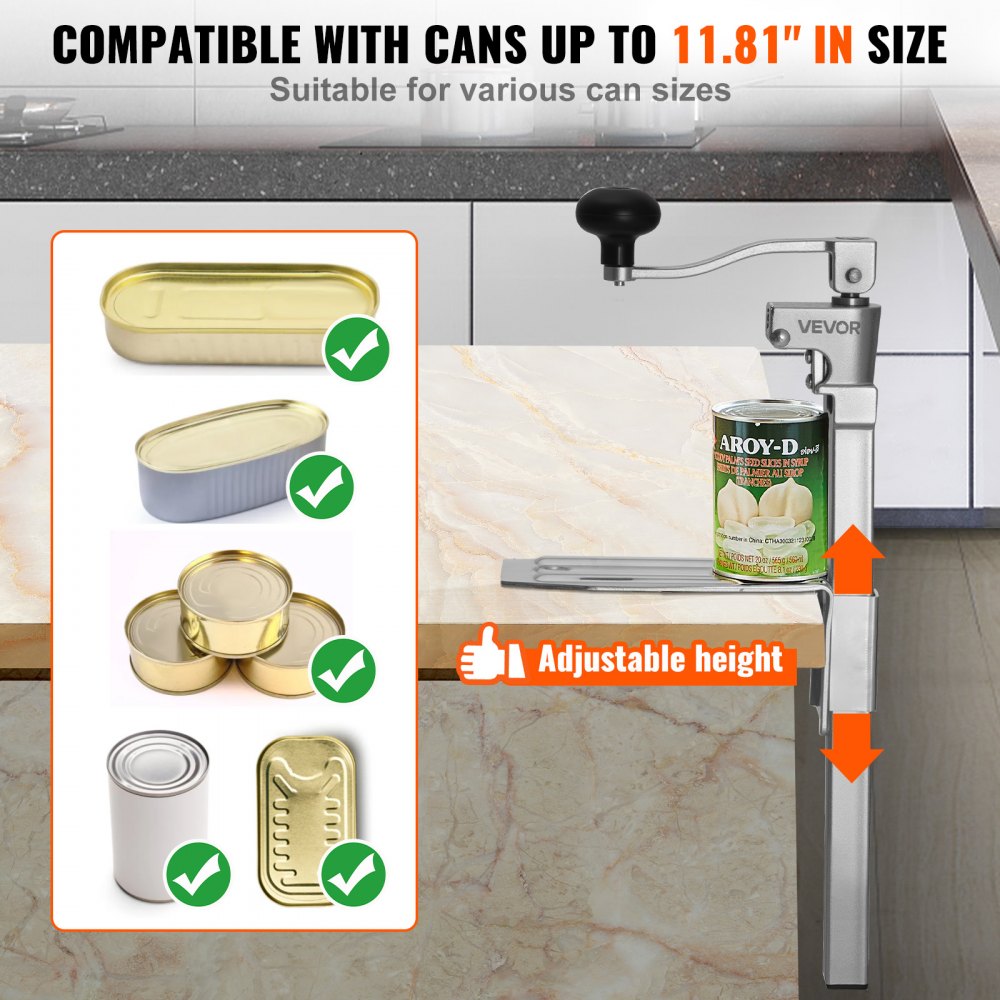 VEVOR Commercial Can Opener, Heavy-Duty Manual Tabletop Cans Opener for Cans Up to 11.8 in Height, Height-Adjustable