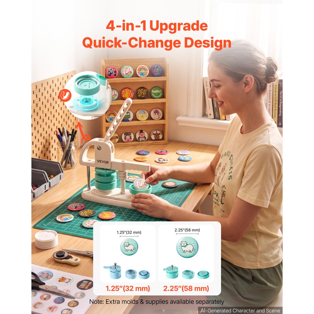 VEVOR Button Maker Machine, 1.25"/2.25"(32/58 mm), Quick-Change Plastic Pin Maker with 200pcs Button Parts, Circle