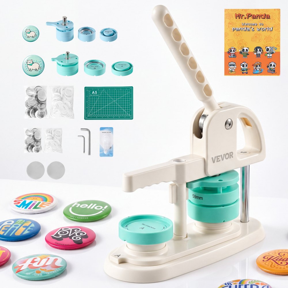 VEVOR Button Maker Machine, 1.25"/2.25"(32/58 mm), Quick-Change Plastic Pin Maker with 200pcs Button Parts, Circle