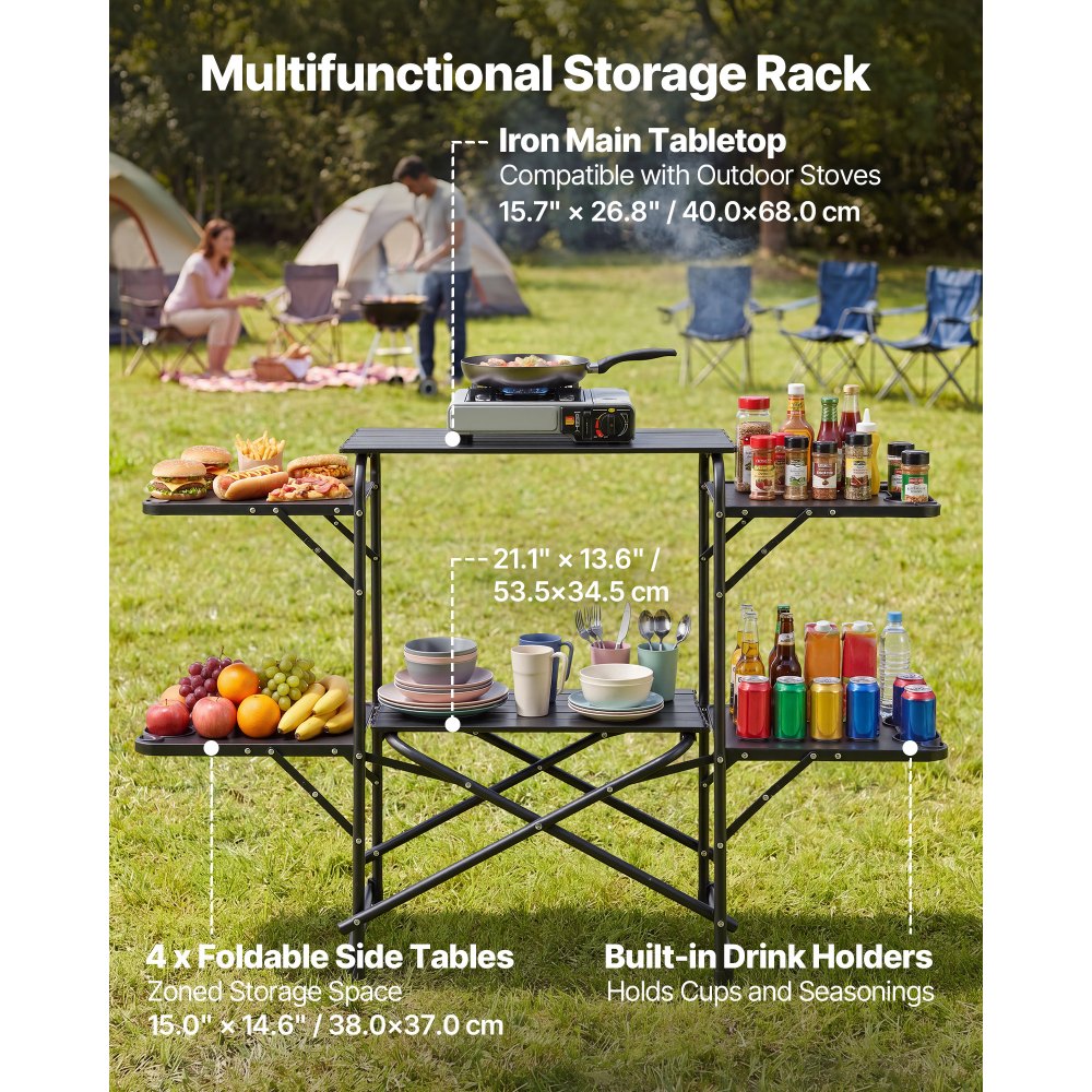 VEVOR Camping Kitchen Table, Slim-Fold Cook Station, Portable Folding Table, with 4 Side Tables, Heat Resistant