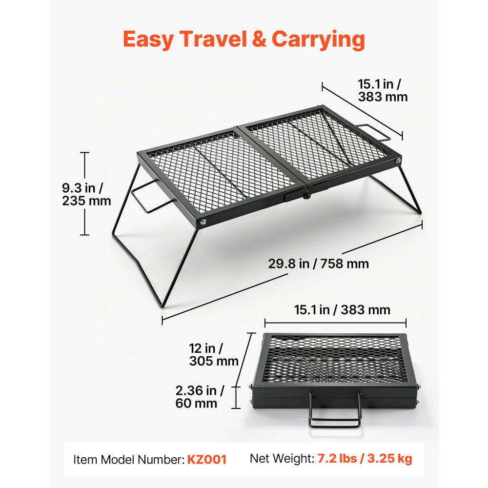 VEVOR Heavy Duty Folding Campfire Grill, 24" Portable Camping Grill Grate, Sturdy Steel Mesh, Compact Equipment Over