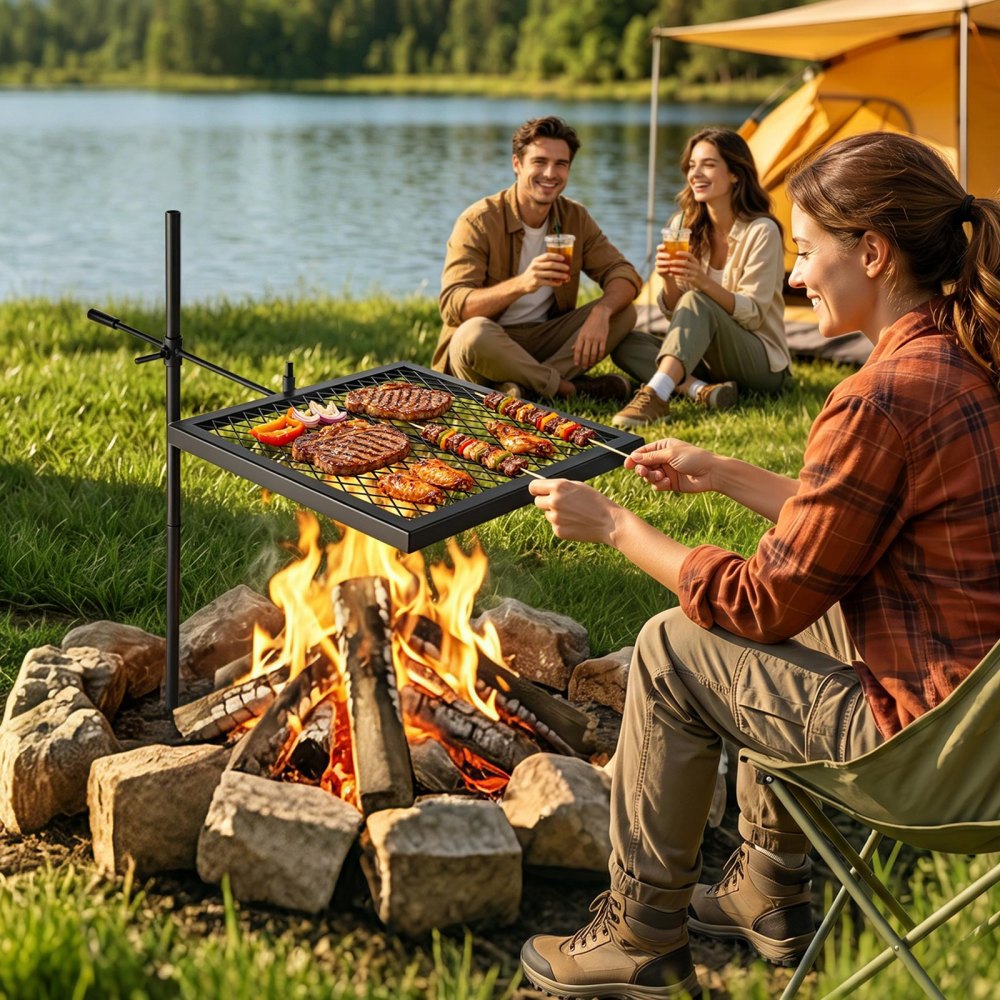 VEVOR Heavy Duty Swivel Campfire Grill, 16" Portable Camping Grill Grate, Sturdy Steel BBQ Mesh, 360° Height Adjustable