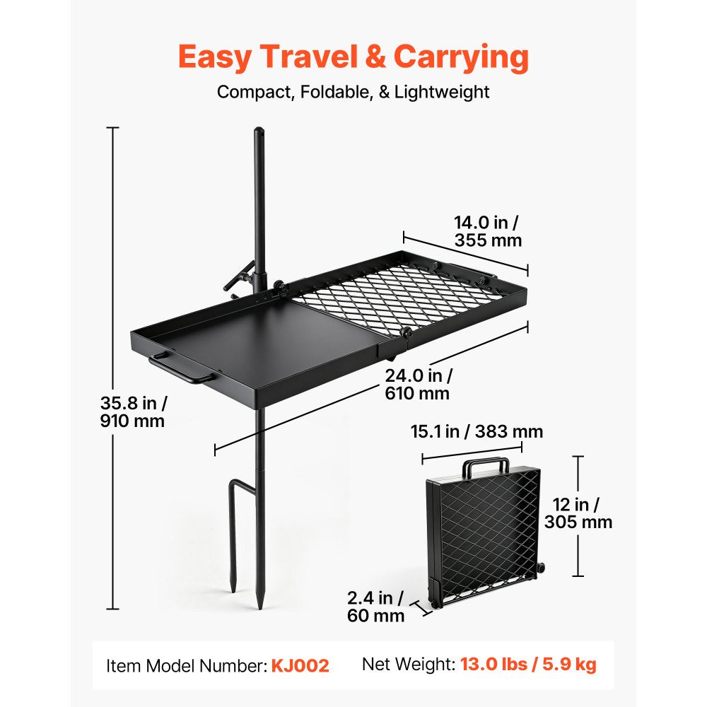 VEVOR Heavy Duty Swivel Campfire Grill, 24" Portable Camping Grill Grate & Griddle, Sturdy Steel BBQ Mesh, 360° Height