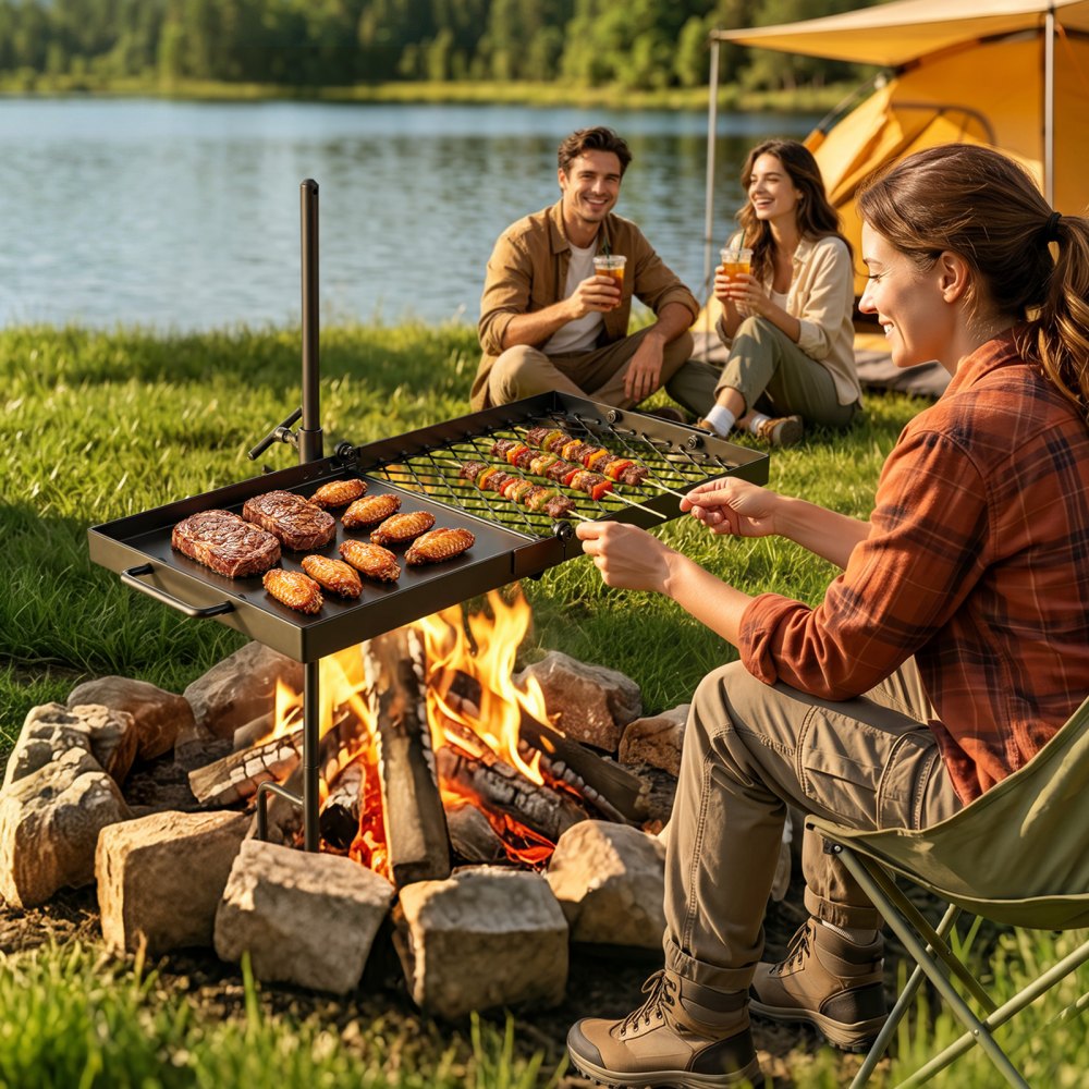 VEVOR Heavy Duty Swivel Campfire Grill, 24" Portable Camping Grill Grate & Griddle, Sturdy Steel BBQ Mesh, 360° Height