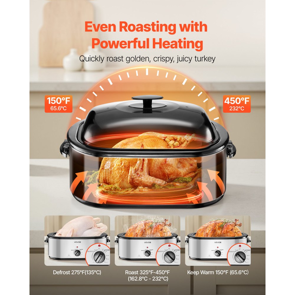 VEVOR Roaster Oven, 24QT Electric Turkey Roaster Oven, 150-450℉ Adjustable Temperature Electric Roasting Pan with 3 Bin