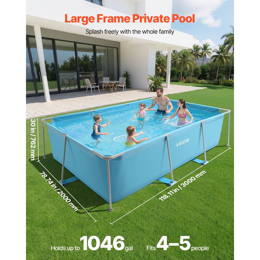 VEVOR Frame Above Ground Swimming Pool, 118 x 78 x 30 in Rectangular Steel Metal Frame, Large Rectangle Outdoor