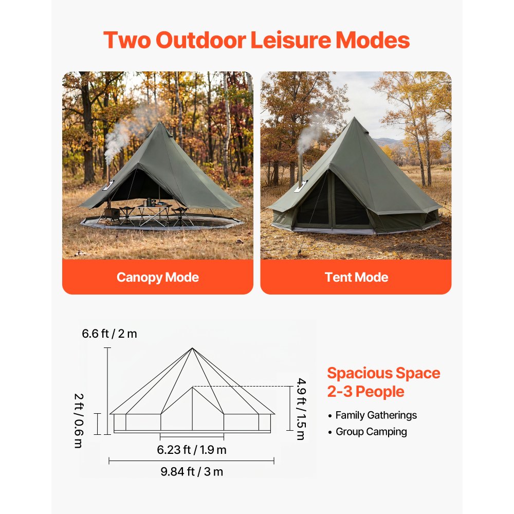 VEVOR Canvas Bell Tent, 4 Seasons 9.84 ft Yurt Tent for Camping with Stove Jack, Canvas Breathable Holds up to 3 People