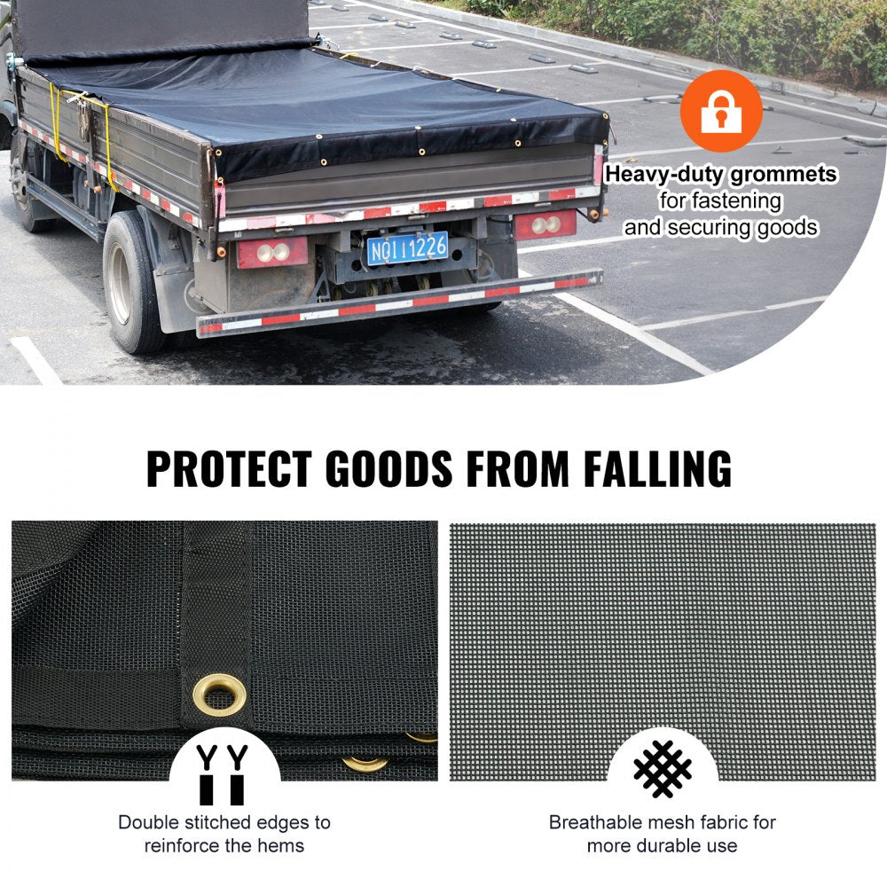 VEVOR Dump Truck Mesh Tarp, 7.5x18 ft, PVC Coated Black Heavy Duty Cover with 5.5" 18oz Double Pocket, Brass Grommets