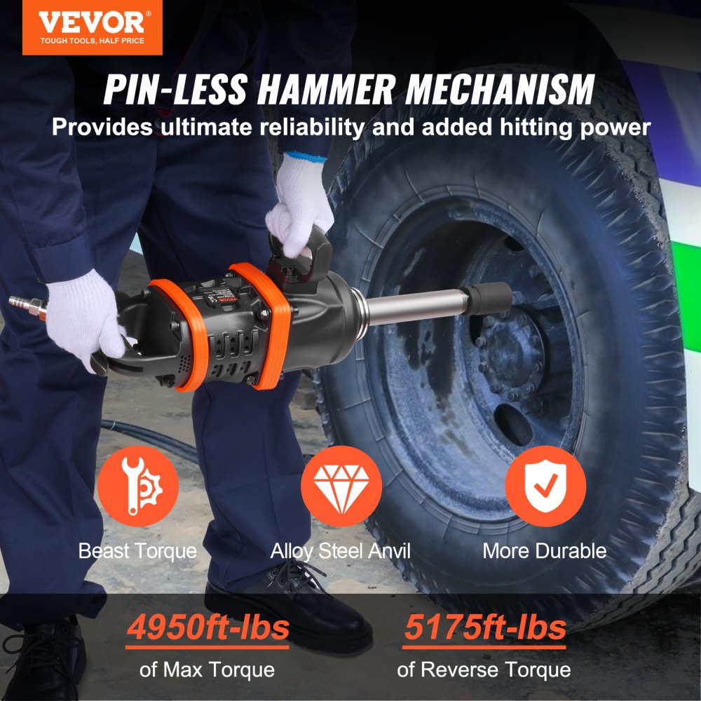 VEVOR 1 Inch Air Impact Wrench, Up to 5175 ft-lbs Beast Reverse Torque Output Pneumatic Impact Gun w/ 8 Inch Extended