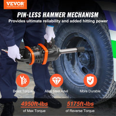 VEVOR 1 Inch Air Impact Wrench, Up to 5175 ft-lbs Beast Reverse Torque Output Pneumatic Impact Gun w/ 8 Inch Extended