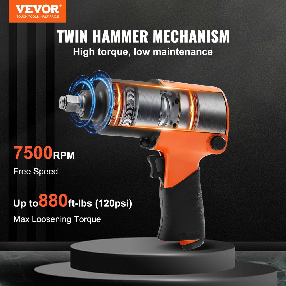 VEVOR Air Impact Wrench, 1/2" Drive Air Impact Gun Up to 880ft-lbs Nut-busting Torque, 7500RPM Lightweight Pneumatic