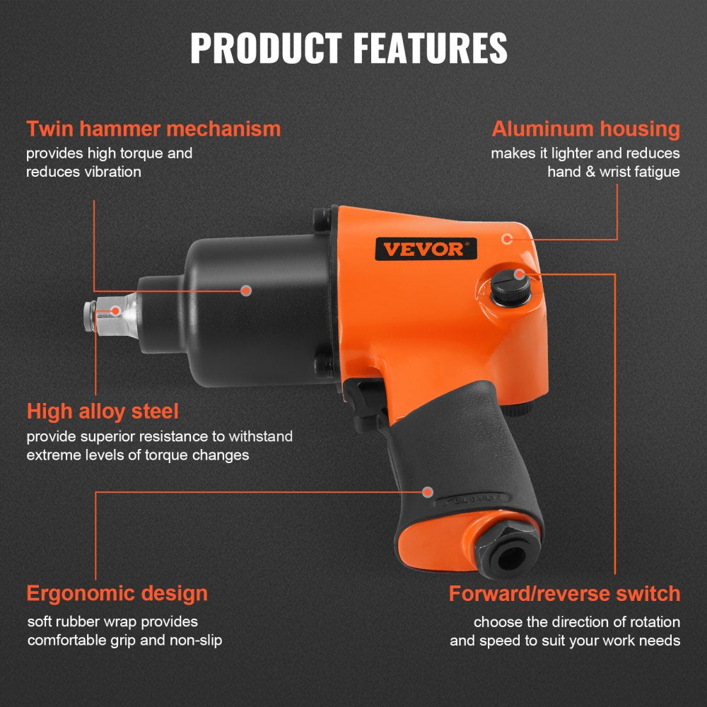 VEVOR Air Impact Wrench, 1/2" Drive Air Impact Gun Up to 880ft-lbs Nut-busting Torque, 7500RPM Lightweight Pneumatic