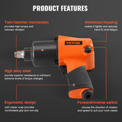 VEVOR Air Impact Wrench, 1/2" Drive Air Impact Gun Up to 880ft-lbs Nut-busting Torque, 7500RPM Lightweight Pneumatic