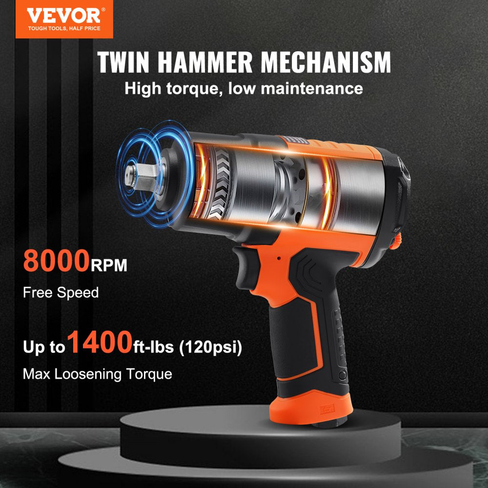VEVOR 1/2-Inch Air Impact Wrench, High Torque Up to 1400 ft-lbs, Lightweight 4.6 lb Design Pneumatic Impact Gun with