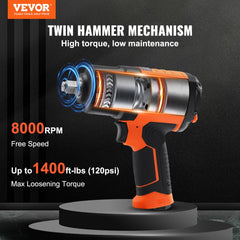 VEVOR 1/2-Inch Air Impact Wrench, High Torque Up to 1400 ft-lbs, Lightweight 4.6 lb Design Pneumatic Impact Gun with