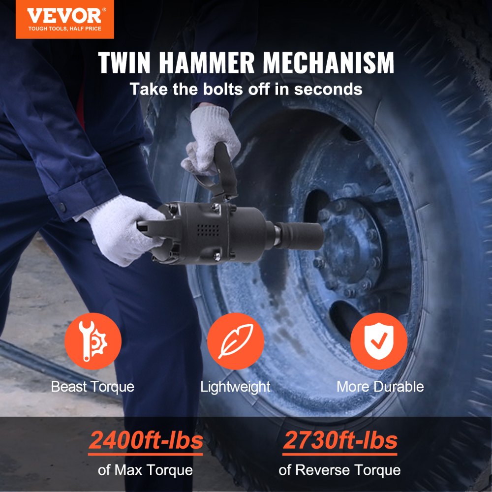VEVOR 1 Inch Air Impact Wrench, Up to 2730 ft-lbs Reverse Torque Output 1" Pneumatic Impact Gun Lightweight w/ 2