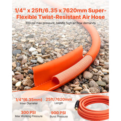 VEVOR Air Hose, 1/4" x 25FT Hybrid Air Compressor Hose, 300 PSI Kink-Resistant Pneumatic Hoses with 1/4-inch Solid MNPT