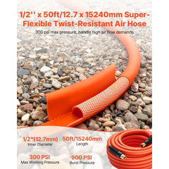 VEVOR Air Hose, 1/2" x 50FT Hybrid Air Compressor Hose, 300 PSI Kink-Resistant Pneumatic Hoses with 1/2-inch Solid MNPT