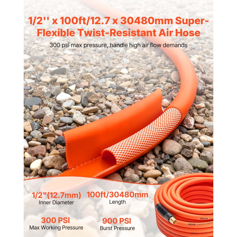 VEVOR Air Hose, 1/2" x 100FT Hybrid Air Compressor Hose, 300 PSI Kink-Resistant Pneumatic Hoses with 1/2-inch Solid