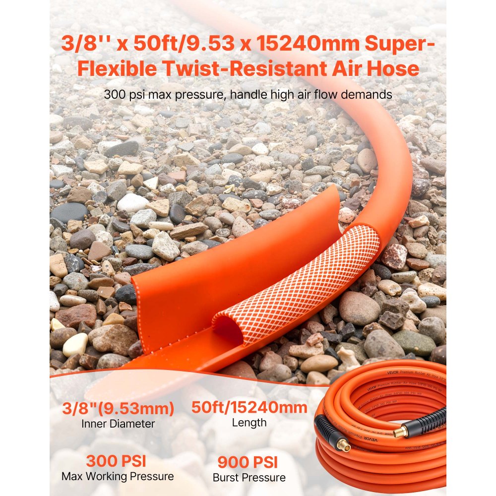 VEVOR Air Hose, 3/8'' x 50FT Rubber Air Compressor Hose, 300 PSI Kink-Resistant Pneumatic Hoses with 1/4-inch Solid