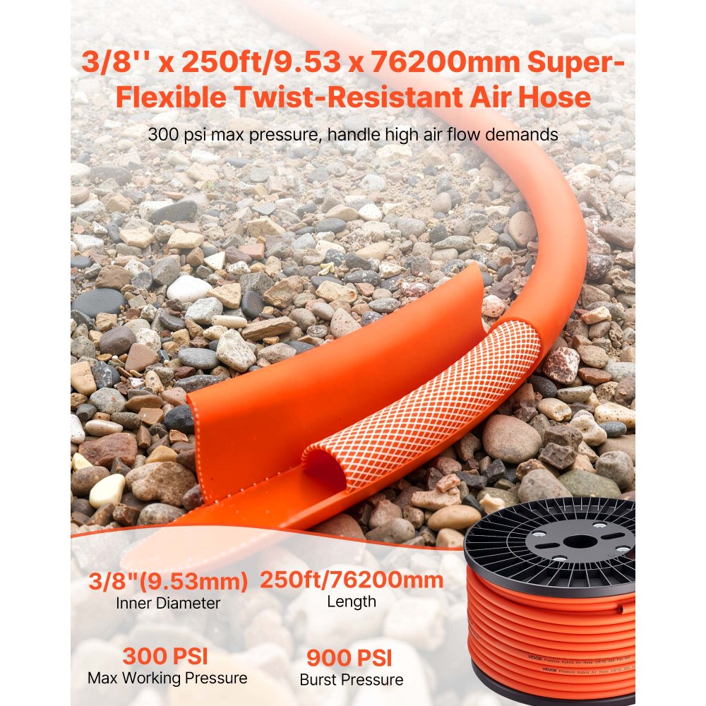VEVOR Air Hose, 3/8'' x 250FT Hybrid Air Compressor Hose, 300 PSI Kink-Resistant Pneumatic Hoses with Three-Layer
