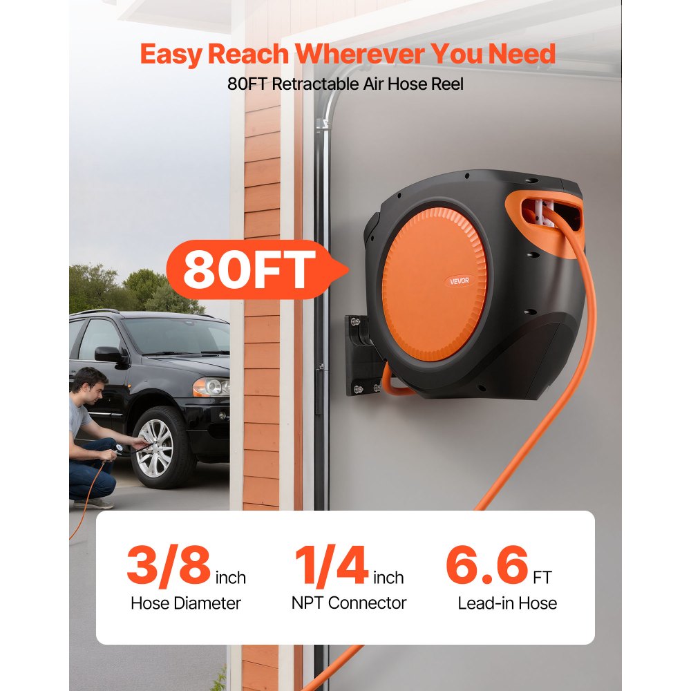 VEVOR Retractable Air Hose Reel, 3/8 Inch x 80 FT Hybrid Air Hose Max 300PSI, Enclosed Air-Compressor Hoses Reel Auto