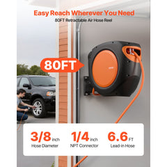 VEVOR Retractable Air Hose Reel, 3/8 Inch x 80 FT Hybrid Air Hose Max 300PSI, Enclosed Air-Compressor Hoses Reel Auto