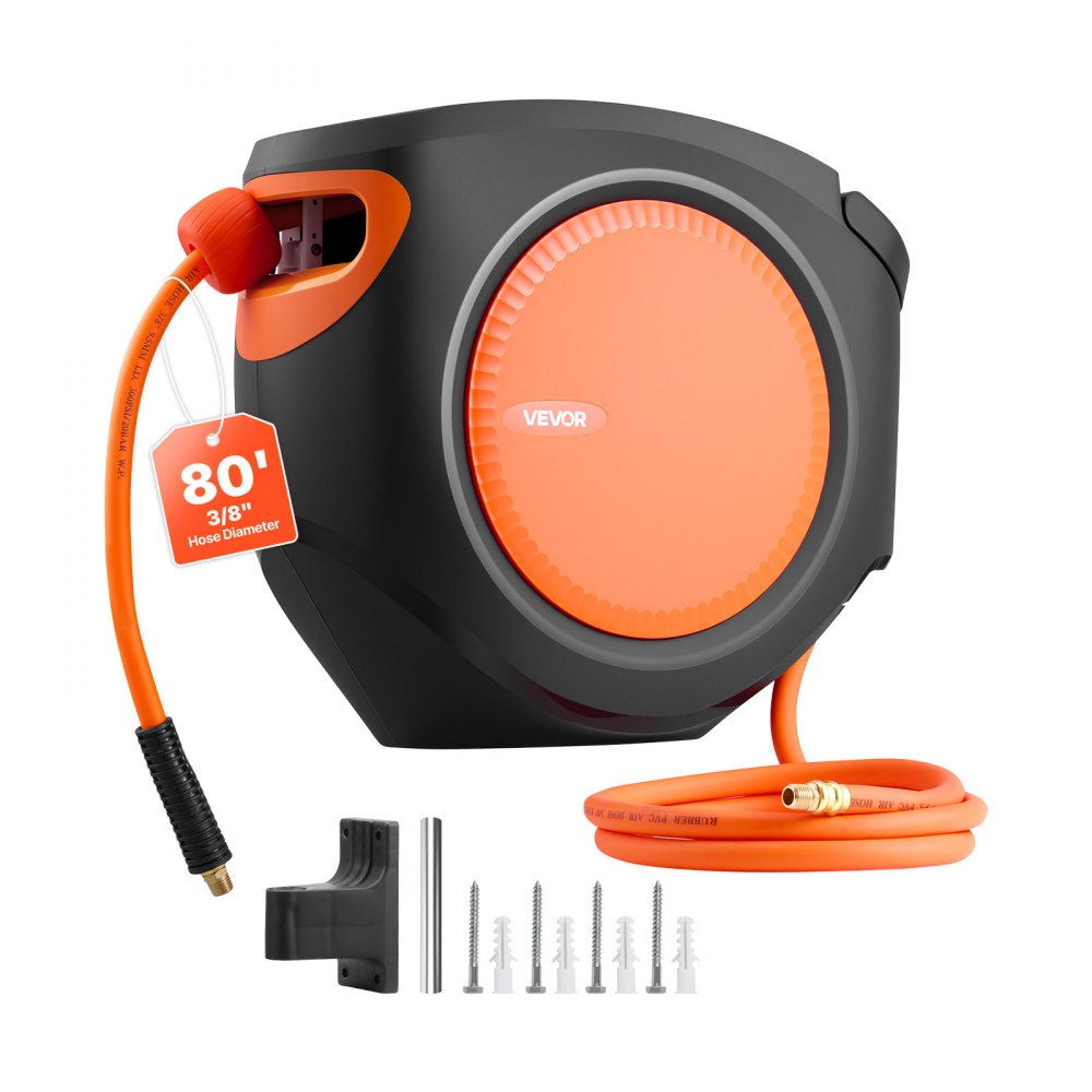 VEVOR Retractable Air Hose Reel, 3/8 Inch x 80 FT Hybrid Air Hose Max 300PSI, Enclosed Air-Compressor Hoses Reel Auto