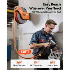 VEVOR Retractable Air Hose Reel, 3/8 Inch x 50 FT Hybrid Air Hose Max 300PSI, Auto Rewind Air-Compressor Hoses Reel