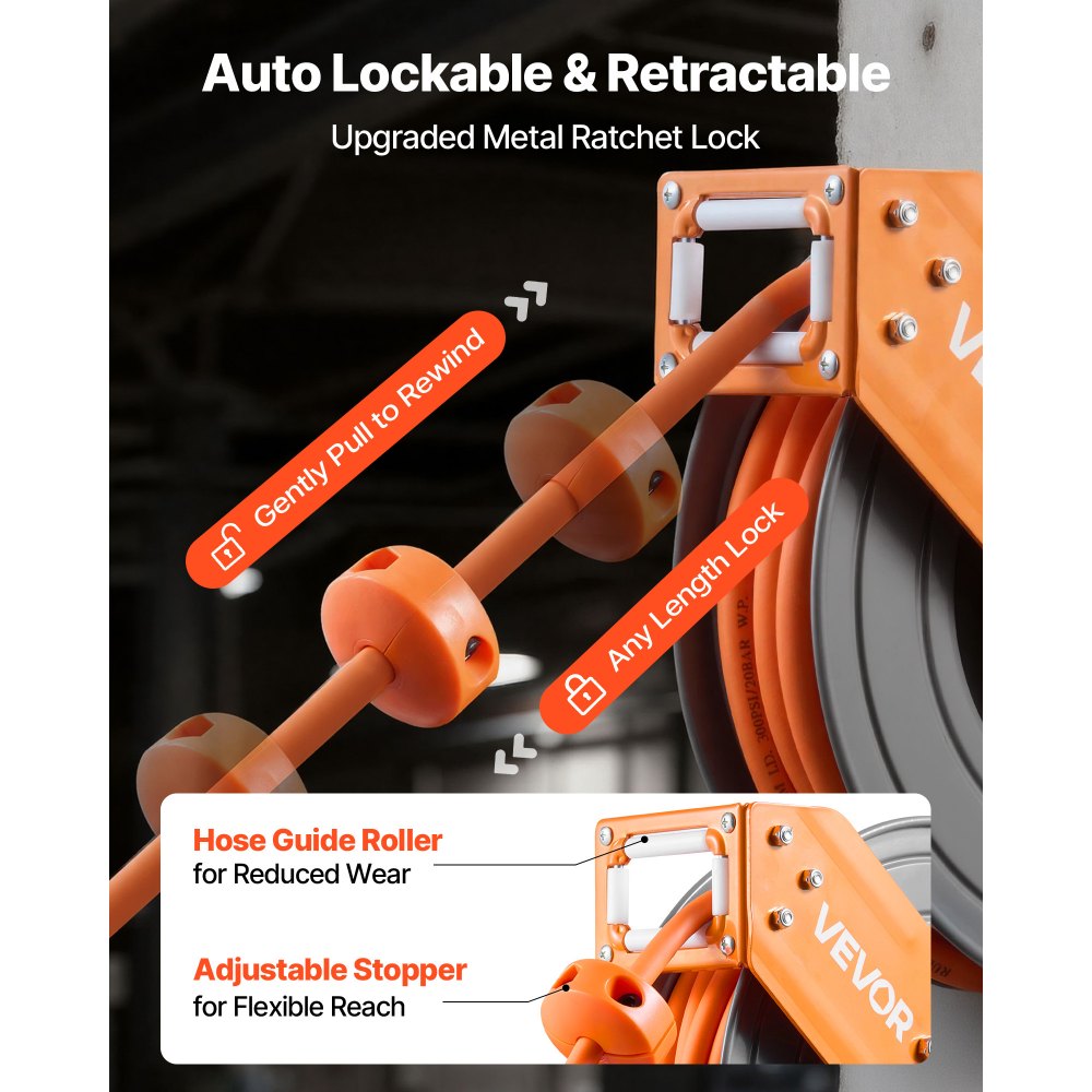VEVOR Retractable Air Hose Reel, 3/8 Inch x 50 FT Hybrid Air Hose Max 300PSI, Auto Rewind Air-Compressor Hoses Reel
