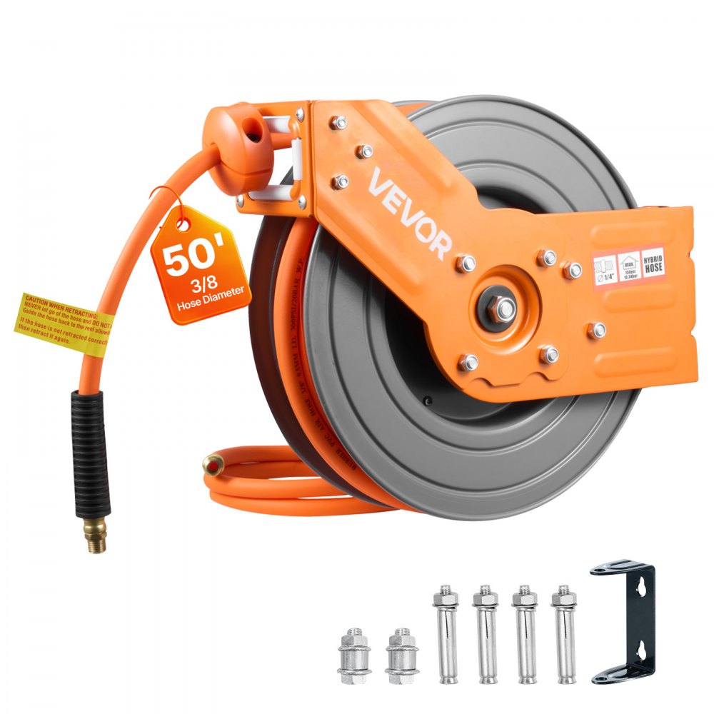 VEVOR Retractable Air Hose Reel, 3/8 Inch x 50 FT Hybrid Air Hose Max 300PSI, Auto Rewind Air-Compressor Hoses Reel