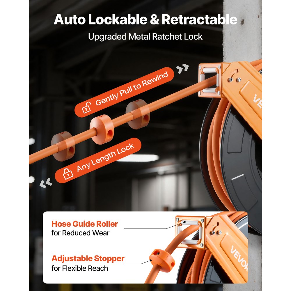 VEVOR Retractable Air Hose Reel, 1/2 Inch x 50 FT Rubber Air Hose Max 300PSI, Auto Rewind Air-Compressor Hoses Reel