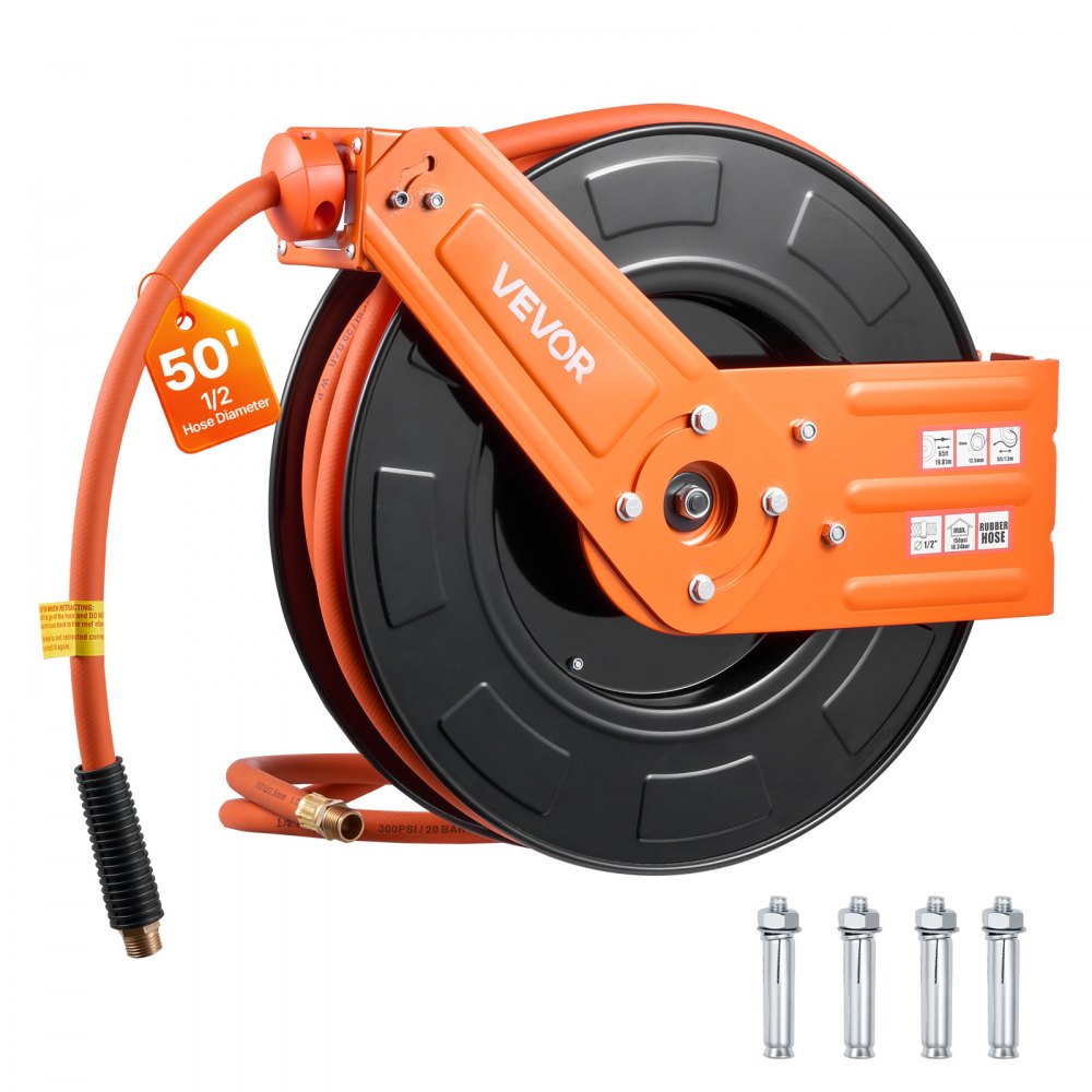 VEVOR Retractable Air Hose Reel, 1/2 Inch x 50 FT Rubber Air Hose Max 300PSI, Auto Rewind Air-Compressor Hoses Reel