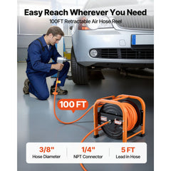 VEVOR Retractable Air Hose Reel, 3/8 Inch x 100 FT PVC Air Hose Max 300PSI, Auto Rewind Air-Compressor Hoses Reel with
