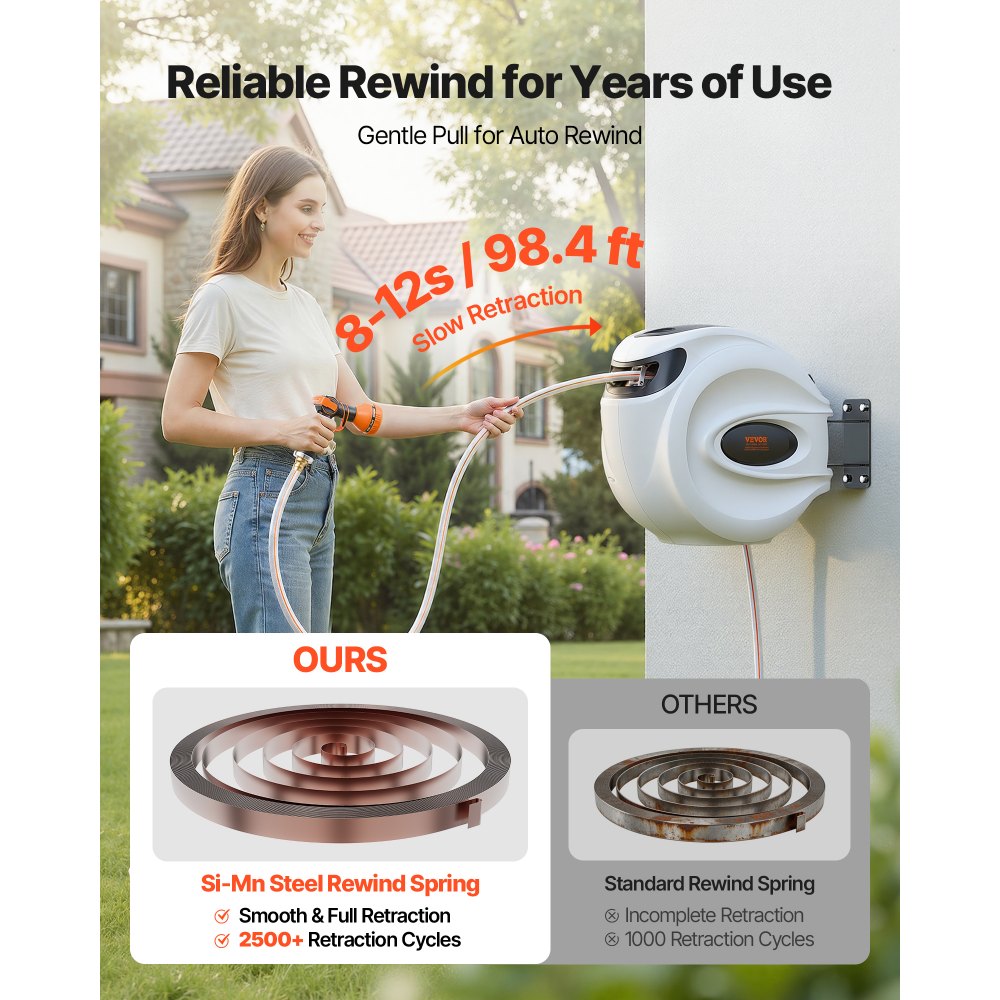 VEVOR Retractable Hose Reel, 100 ft x 1/2 inch, 180° Swivel Bracket Wall-Mounted, Garden Water Hose Reel with 9-Pattern