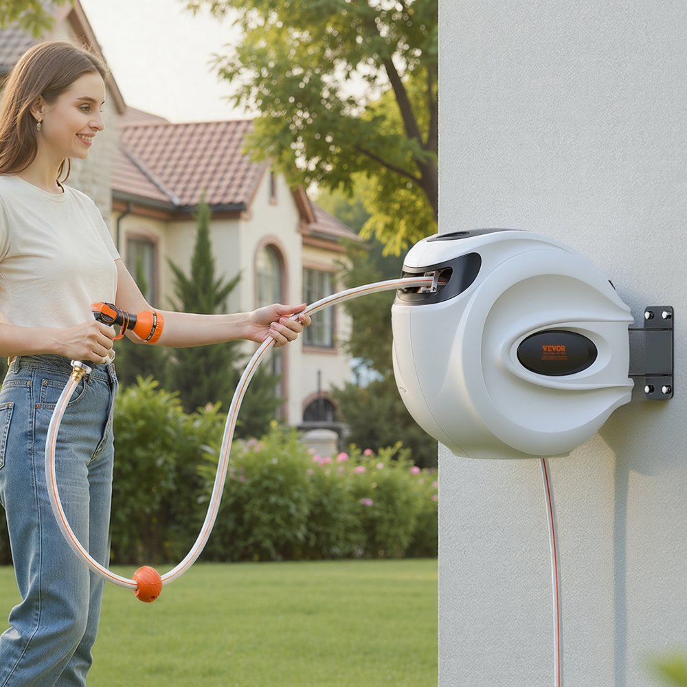 VEVOR Retractable Hose Reel, 100 ft x 1/2 inch, 180° Swivel Bracket Wall-Mounted, Garden Water Hose Reel with 9-Pattern