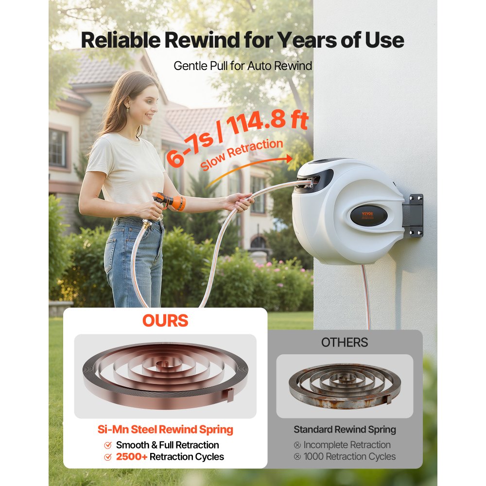 VEVOR Retractable Hose Reel, 115 ft x 1/2 inch, 180° Swivel Bracket Wall-Mounted, Garden Water Hose Reel with 9-Pattern