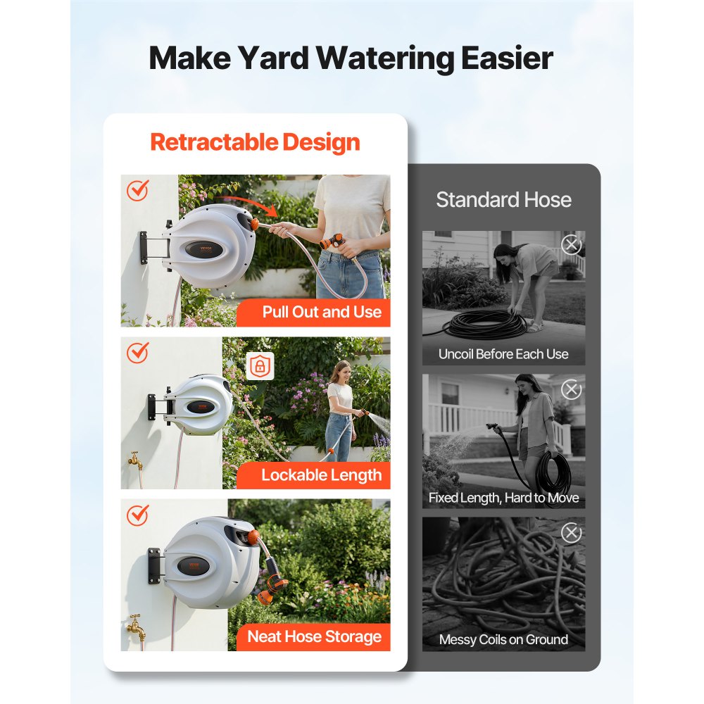 VEVOR Retractable Hose Reel, 130 ft x 1/2 inch, 180° Swivel Bracket Wall-Mounted, Garden Water Hose Reel with 9-Pattern