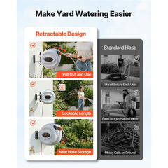 VEVOR Retractable Hose Reel, 130 ft x 1/2 inch, 180° Swivel Bracket Wall-Mounted, Garden Water Hose Reel with 9-Pattern