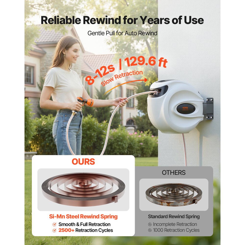 VEVOR Retractable Hose Reel, 130 ft x 1/2 inch, 180° Swivel Bracket Wall-Mounted, Garden Water Hose Reel with 9-Pattern