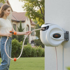 VEVOR Retractable Hose Reel, 130 ft x 1/2 inch, 180° Swivel Bracket Wall-Mounted, Garden Water Hose Reel with 9-Pattern