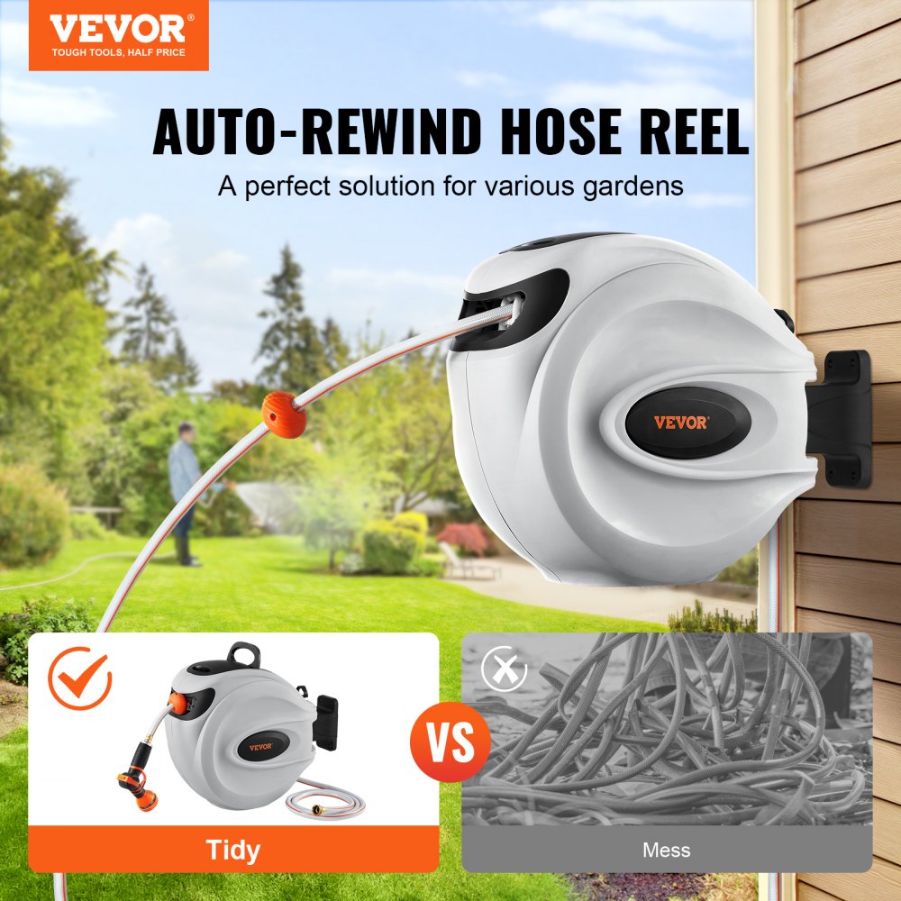 VEVOR Retractable Hose Reel, 65 ft x 5/8 inch, 180° Swivel Bracket Wall-Mounted, Garden Water Hose Reel with 9-Pattern