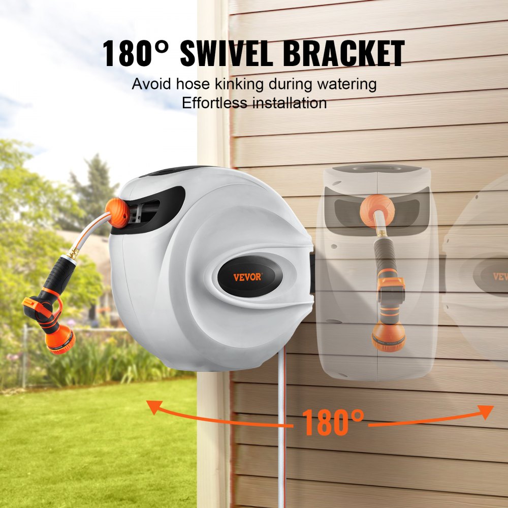 VEVOR Retractable Hose Reel, 65 ft x 5/8 inch, 180° Swivel Bracket Wall-Mounted, Garden Water Hose Reel with 9-Pattern