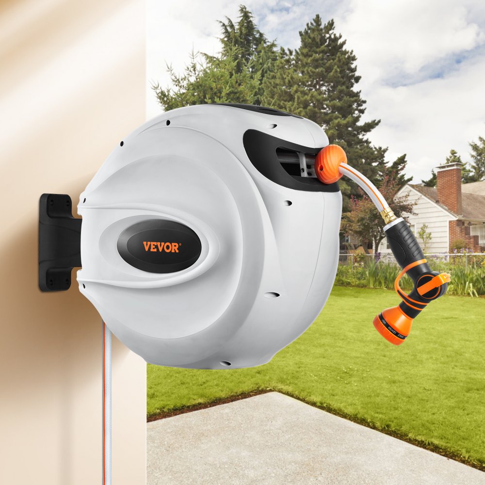 VEVOR Retractable Hose Reel, 65 ft x 5/8 inch, 180° Swivel Bracket Wall-Mounted, Garden Water Hose Reel with 9-Pattern