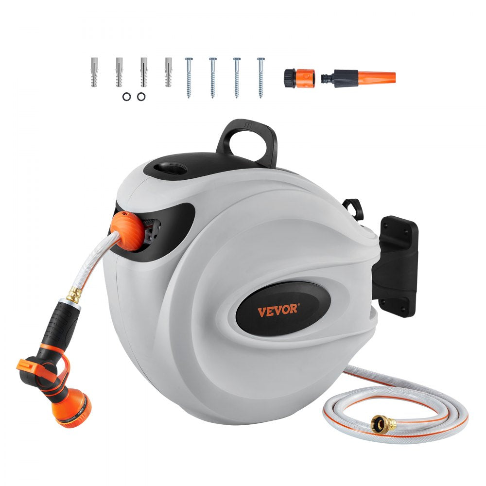 VEVOR Retractable Hose Reel, 65 ft x 5/8 inch, 180° Swivel Bracket Wall-Mounted, Garden Water Hose Reel with 9-Pattern