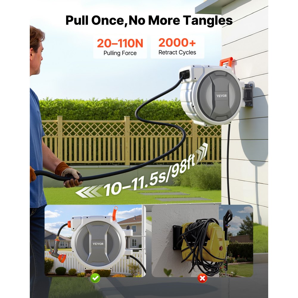 VEVOR Retractable Garden Hose Reel, 1/2 in x 100 ft, Wall Mounted Hose Reel with 9-Function Sprayer Nozzle and 180°
