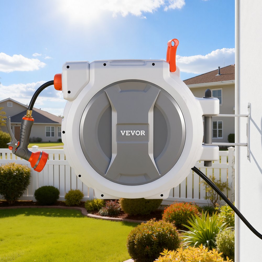 VEVOR Retractable Garden Hose Reel, 1/2 in x 130 ft, Wall Mounted Hose Reel with 9-Function Sprayer Nozzle and 180°